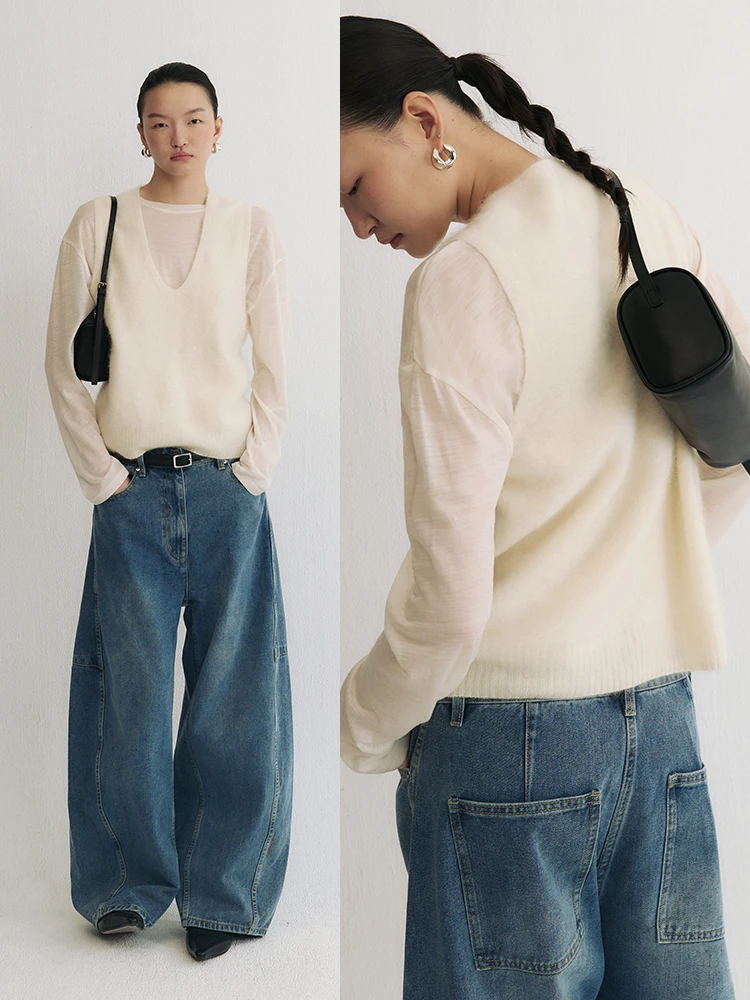 

Женский шерстяной вязаный жилет с глубоким U-образным вырезом, многослойный модный весенне-осенний цвет, повседневная длина, одна пуговица