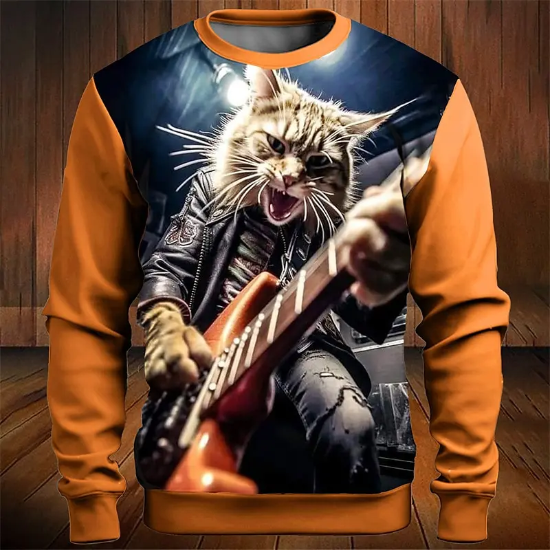 Autumn Men's Sweatshirts Rock Cat 3D Print Long Sleeve T-Shirts For Men Round Neck Hoodies Loose Overszied Man Clothing Tops New