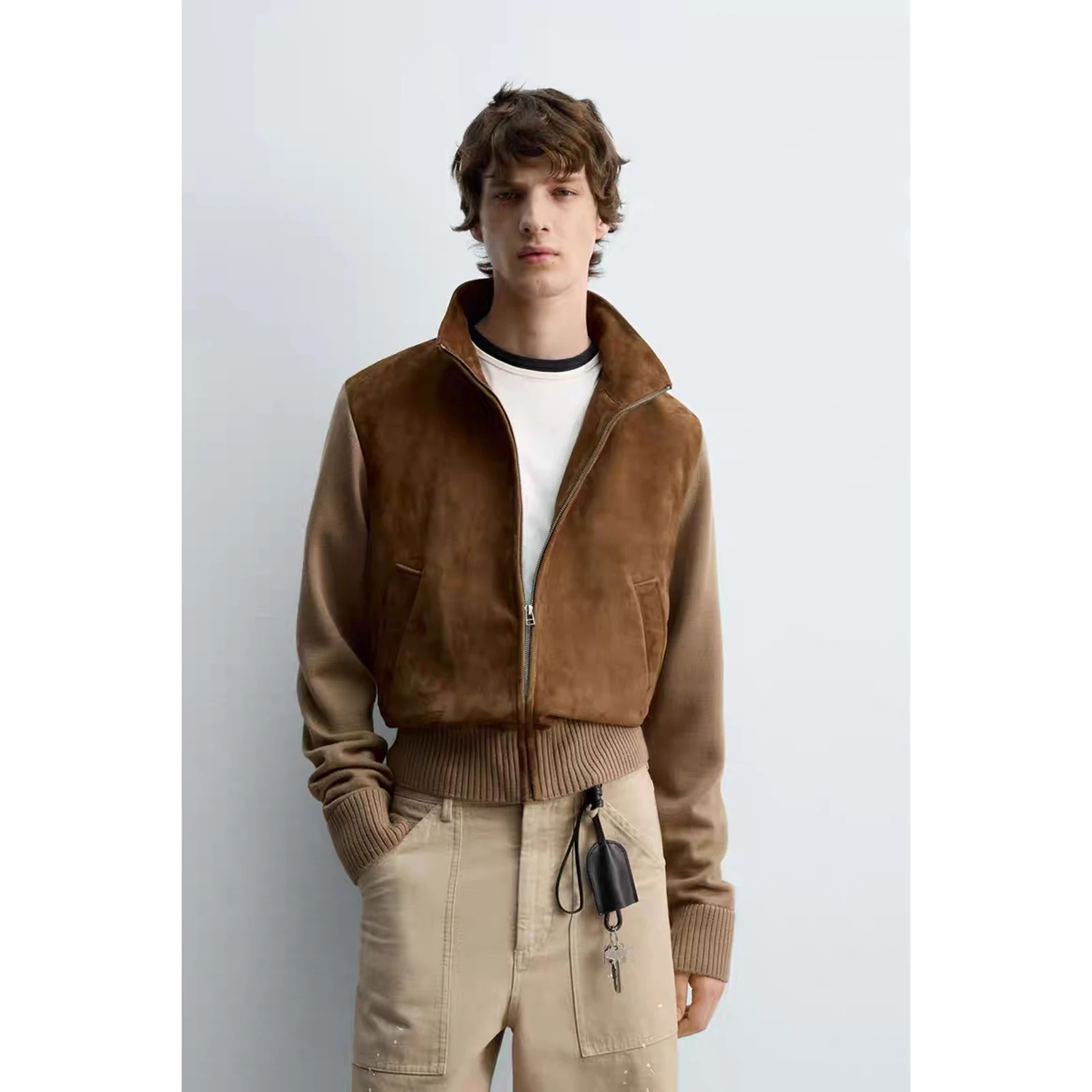 

Новая осенняя мужская повседневная трикотажная кожаная верхняя одежда с воротником-стойкой 252303 75, длинная молодежная мода-стойка