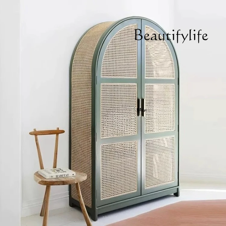 

American retro modern simple rattan double door wardrobe household bedroom solid wood arched storage cabinet