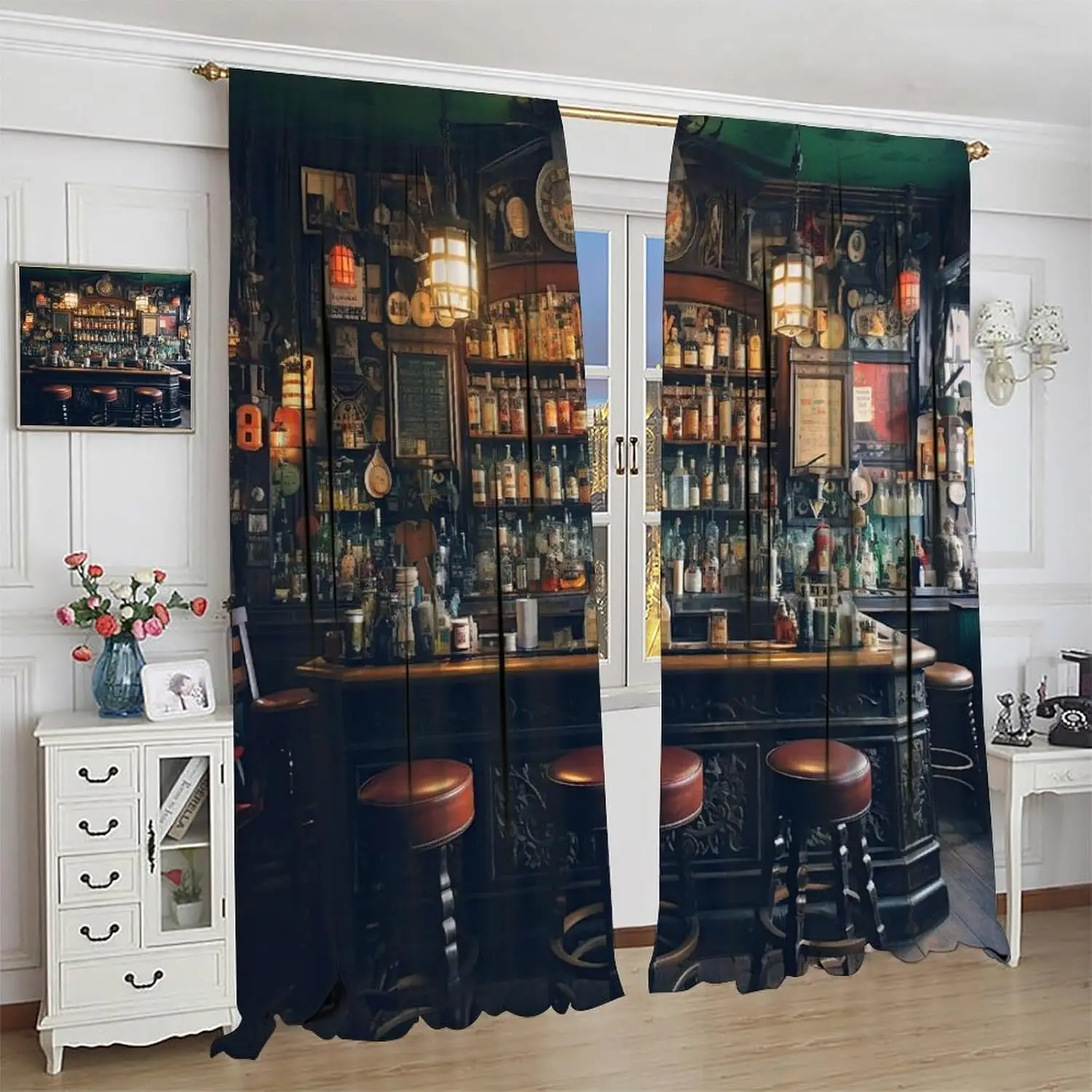 Retro Bar Curtains Rustic Bar Counter Whiskey Cocktails Brandy Liquor Collection Theme Rod Pocket Window Treatments for Living