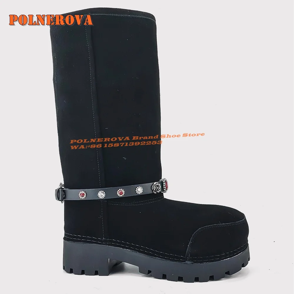 Gemstone Chain Decoration Black Fur Snow Boots Round Toe Chunky Heel Pull On Retro Warm 2024 Winter Knee High Boots Runway Show