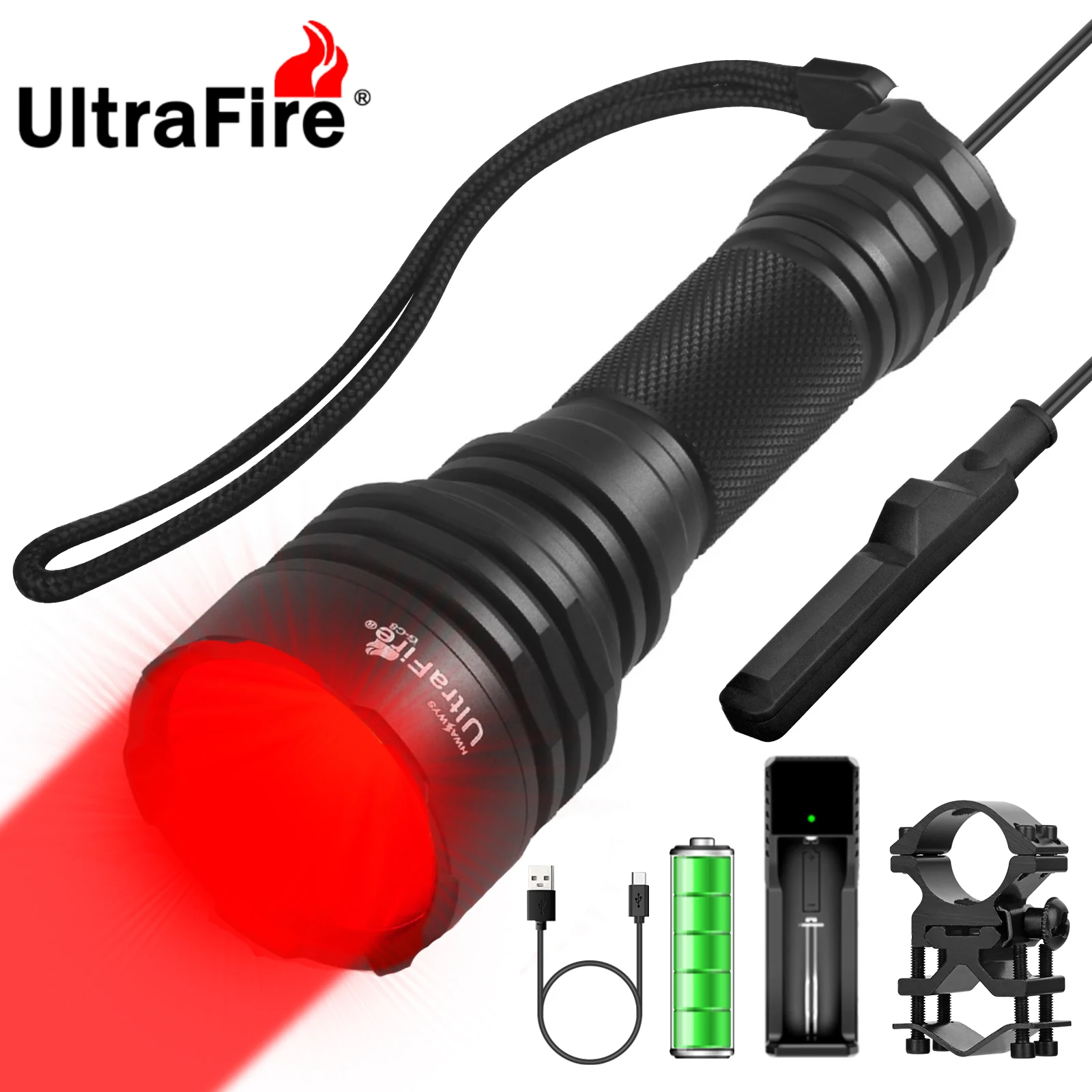 UltraFire R-C8 LED Strong Red Light Flashlight Handheld Flashlight Kit Outdoor Tactical Hunting Waterproof Lantern Using 18650