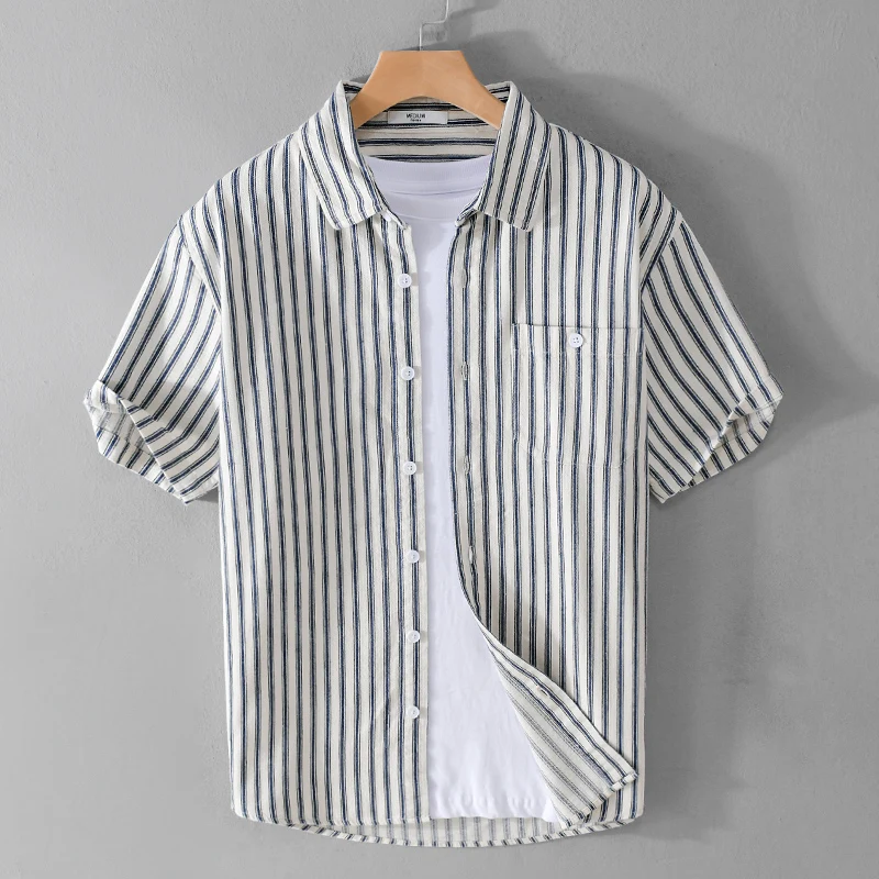 

Spring and autumn men's striped short-sleeved shirt Korean version simple loose shirt High quality casual shirt men Pure cotton