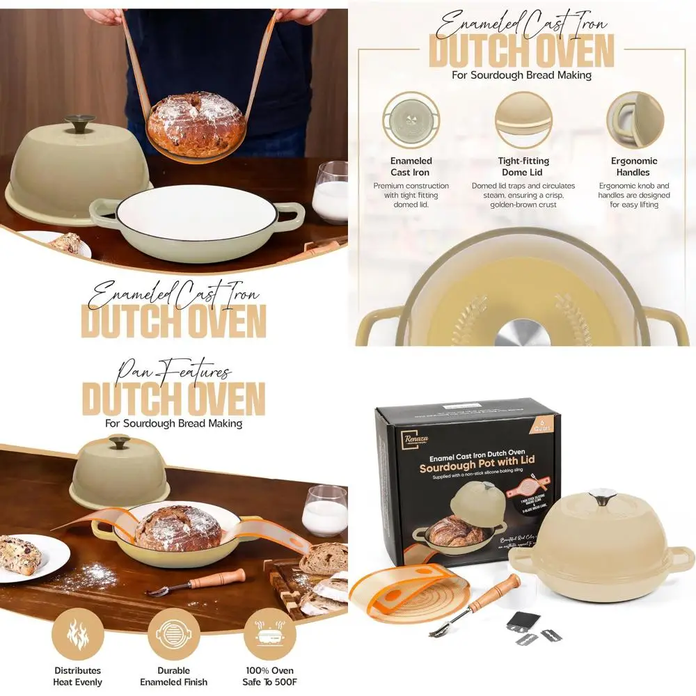 

6-Quart White Enamel Cast Iron Dutch Oven with Lid and Bread Lame for Sourdough Baking and More