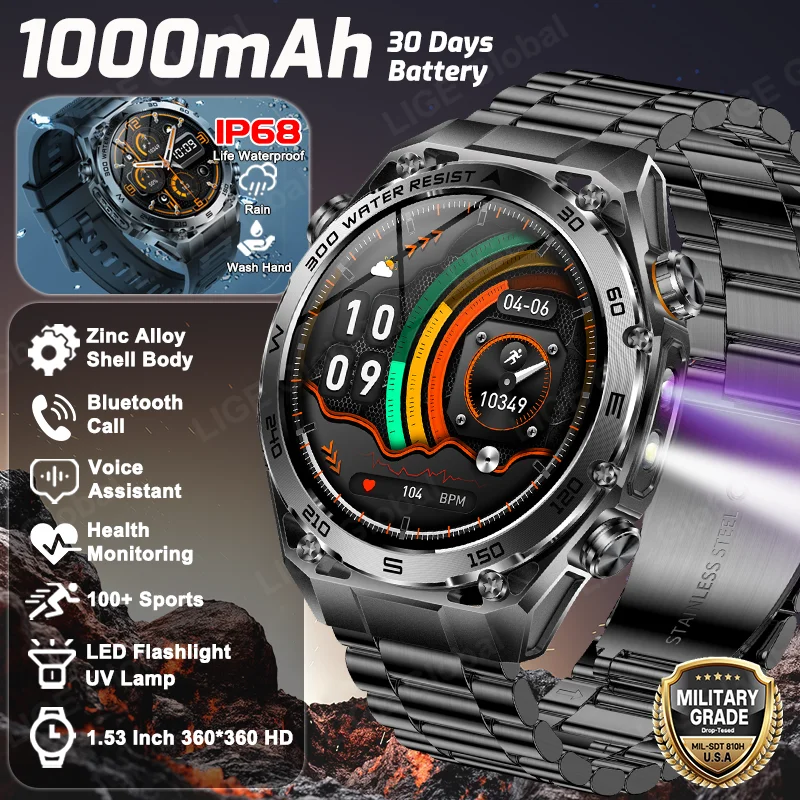 

LIGE 2026 New Military 1000mAh Battery Smart Watch IP68 Waterproof Flashlight UV Lamp Heart Rate Sports Fitness Smartwatch Men