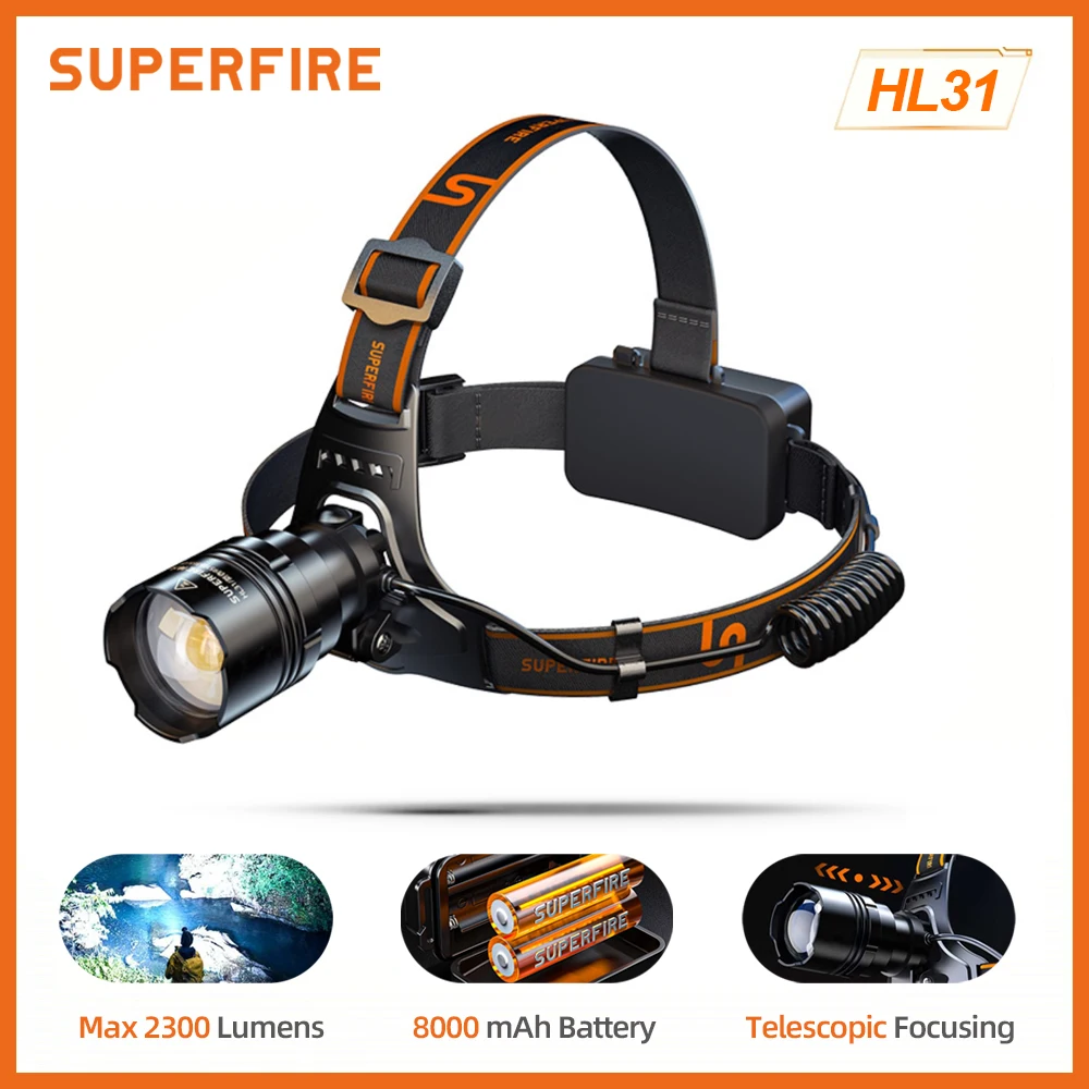 

SUPERFIRE HL31 36W xhp90 Powerful Headlamp Zoom USB-C Rechargeable 21700 8000mAh Headlight for Fishing Camping Head flashlight