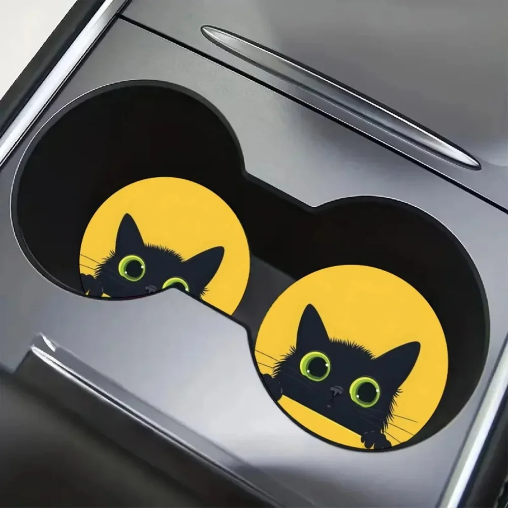 2-Piece Non-Slip Car Cup Holder, Yellow Black Cat Pattern Customized Bottle Drink Holder for Vehicle Interior