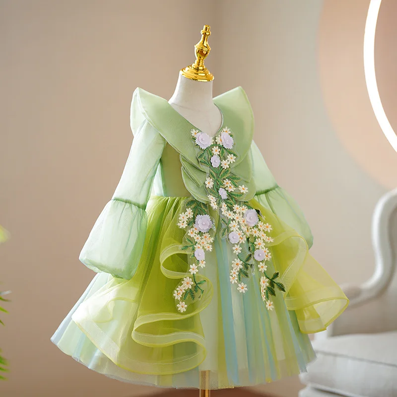 Vestido de boda de manga larga con cuello en V para niñas, tutú de princesa, hada de las flores verdes, vestidos de lujo para bebés, fiesta de cumpleaños infantil