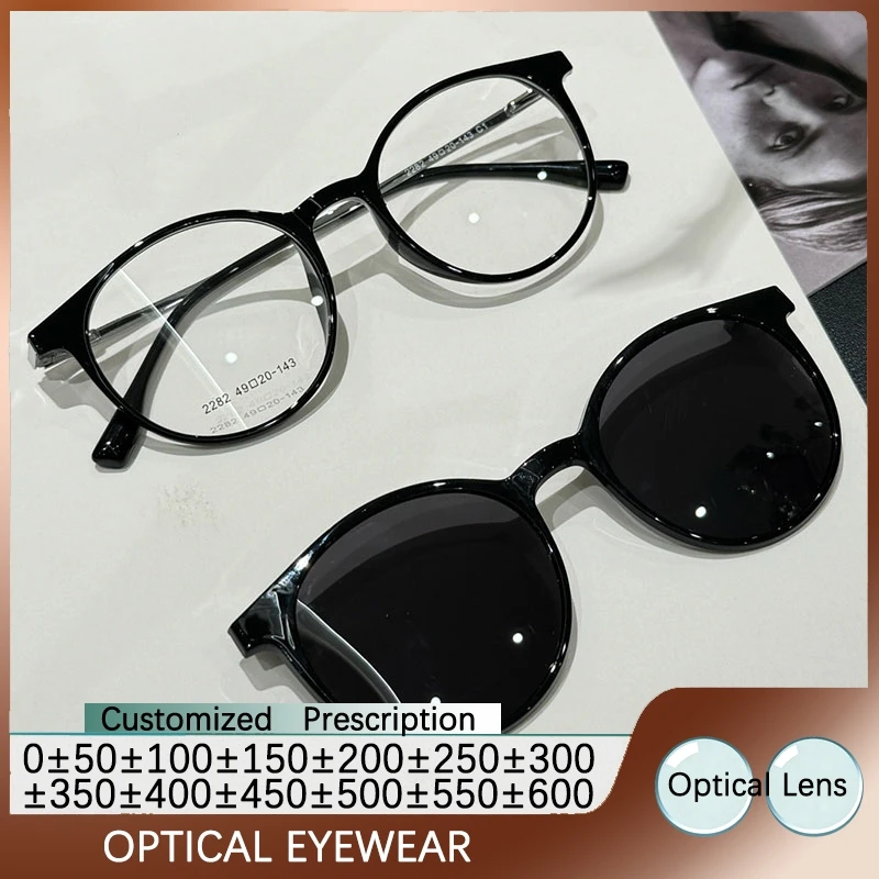 

Trendy Magnet Clip On Prescription Myopia glasses Polarized Sunglasses Women Round Flip Glasses Driving UV Protection Eyeglasses