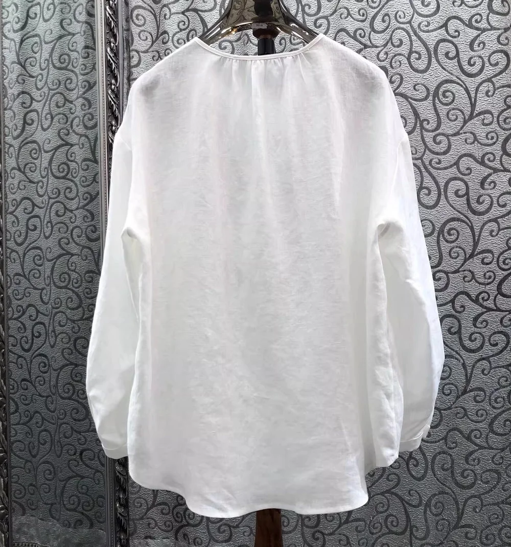 100%Linen Tops 2026 Spring Summer Designer Fashion Women Beading Embroidery Deco Long Sleeve Elegant Loose White Yellow Blouses