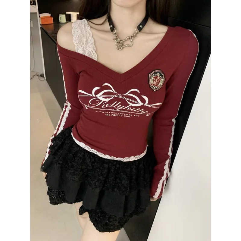 

Sweet Wine V-neck Lace Hottie T-shirt Women's Autumn and Winter New Long-sleeved Slimming Off-shoulder Inner Top