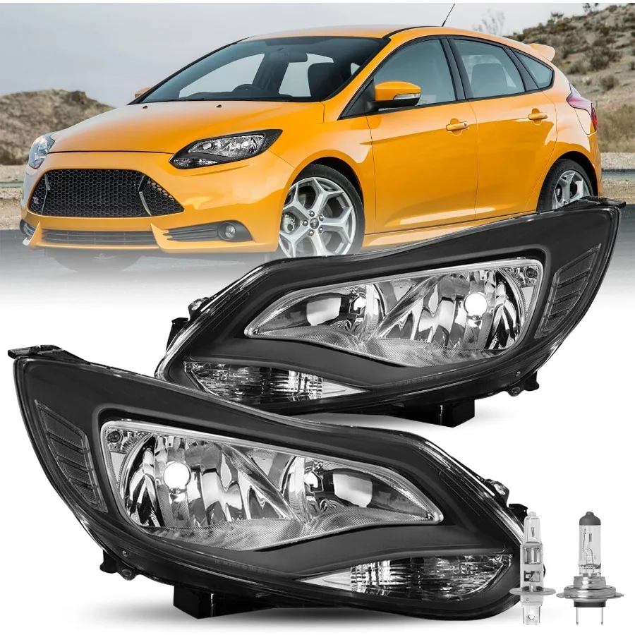 

Headlight Assembly Pair w Bulbs for 2012 2013 2014 Focus [Factory Halogen Type] OEM Headlamp Replacement Black Housing and Cle