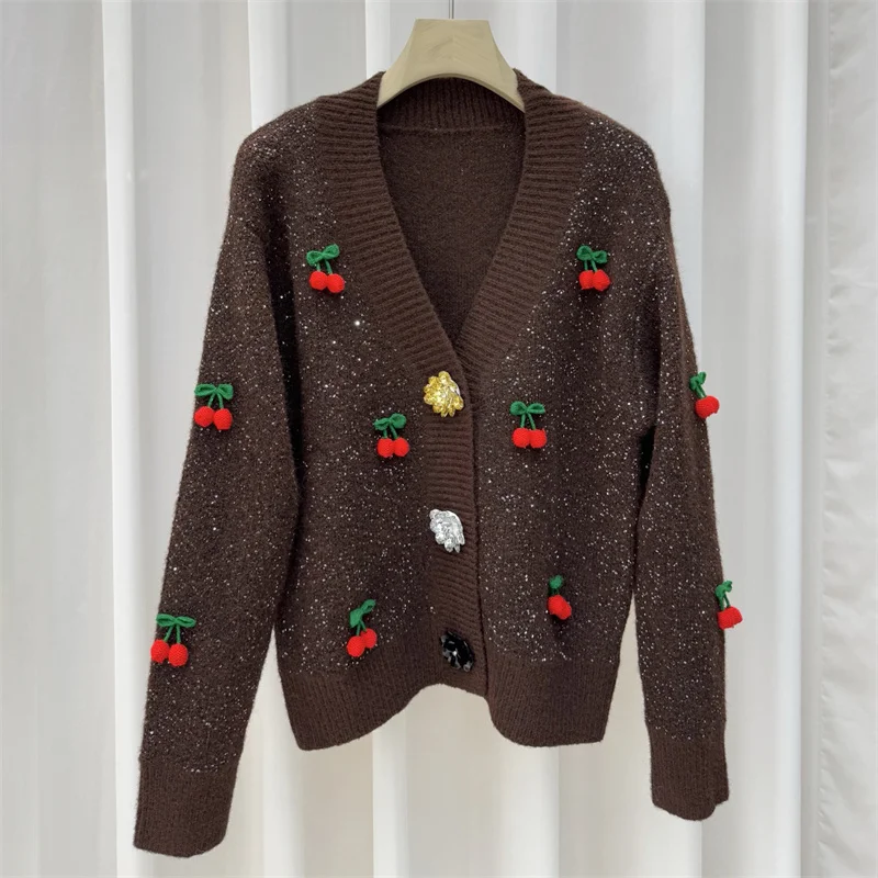 Cárdigan para mujer nuevo invierno 2025 de un solo pecho con cuello en V de manga larga top 3D cereza decorado suéter de mujer y2k abrigo de mujer