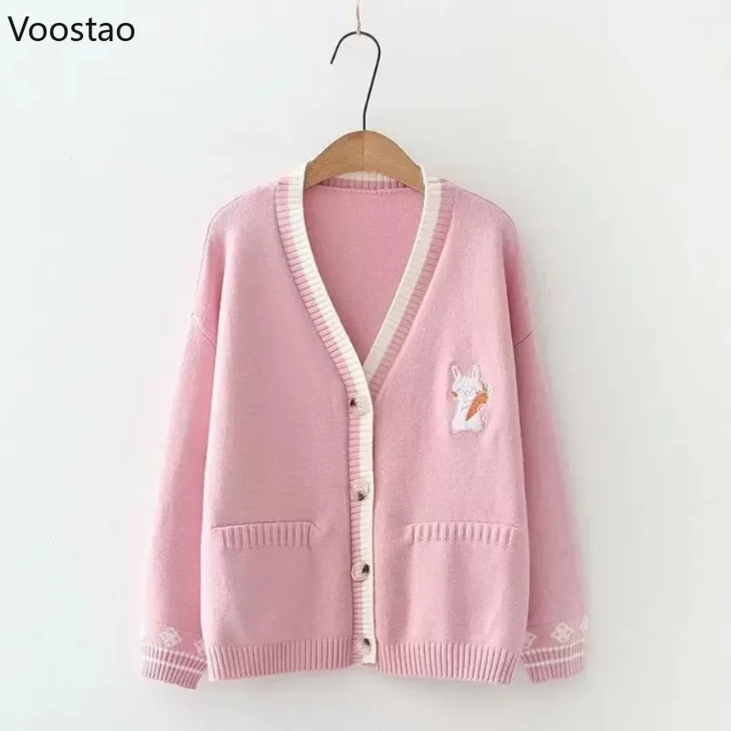 Autumn Kawaii Lolita Carrot Bunny Embroidery Sweater Girls Casual Cute Loose Knitted Cardigan Women Kawaii Rabbit Knitwear Coats