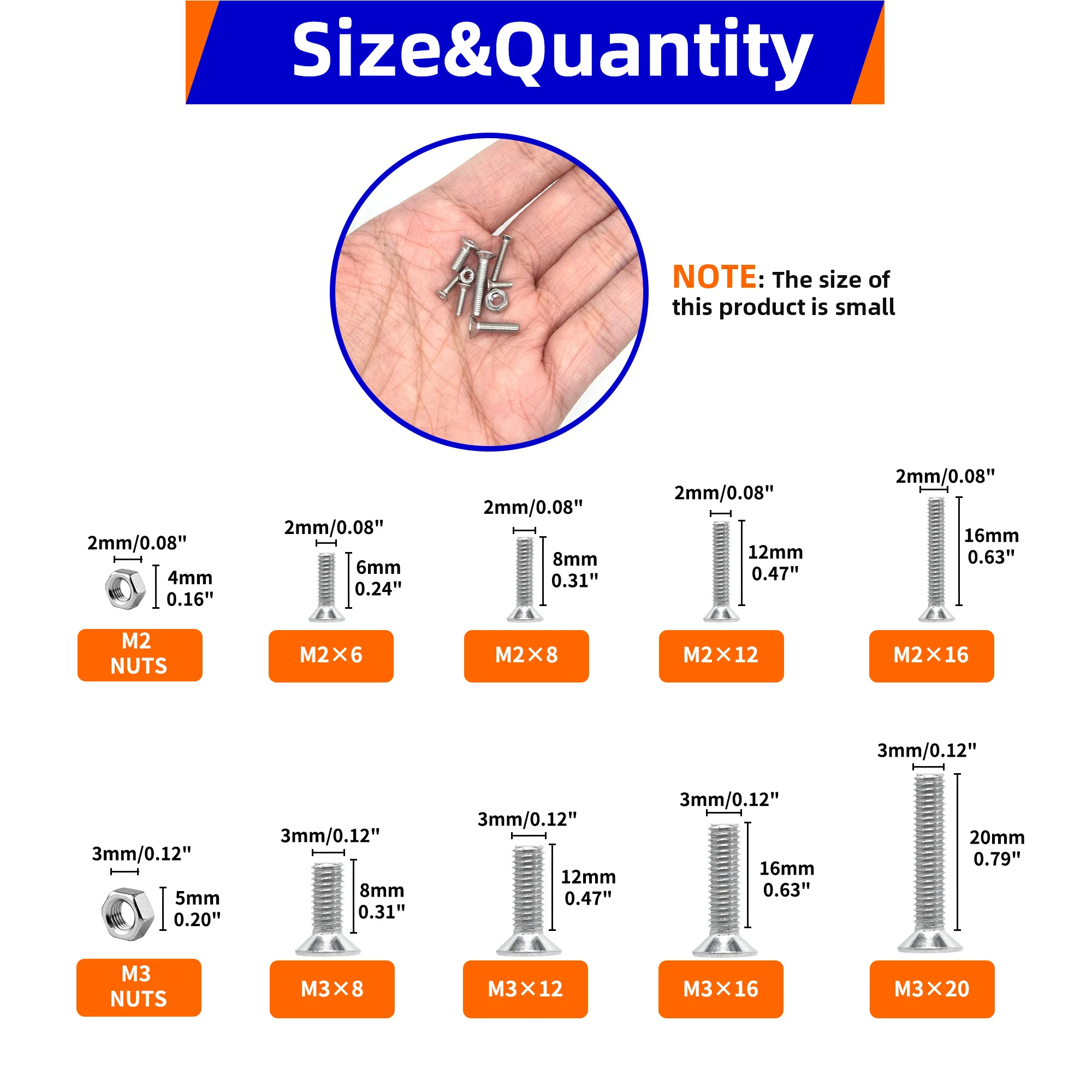 400pcs M2 M3 10 Sizes Allen Hexagon Hex Socket Head Cap Flat Countersunk Screw Bolt Nut Set Mix Kit Box 304 A2 Stainless Steel