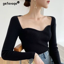 Women's Clothing French Style Vintage Sexy Square Collar Basic Knitwear Y2K Spring Autumn Fashion Long Sleeve Slim Pullover Tops