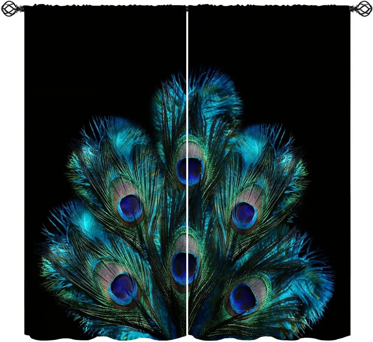 

JESTRONRY Peacock Feather Curtains,Blue Green Feather Black Background Printed Living Room Bedroom Blackout Rod Pocket Window Dr
