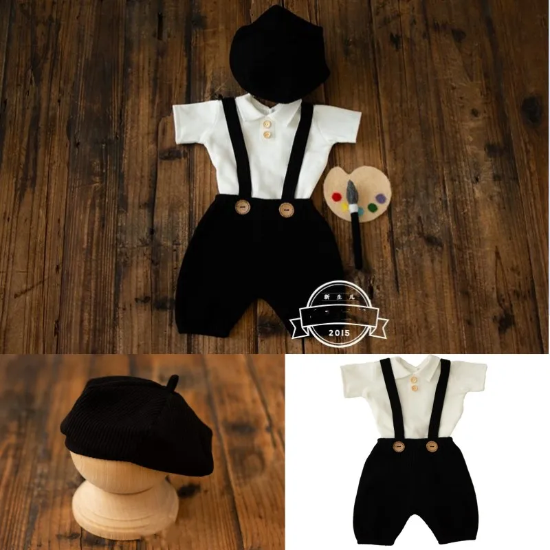 

Shining Newborn Photography Props Painter Small Suit Suspenders Brim Baby Infant Photo Suits For Studio Baby Clothes