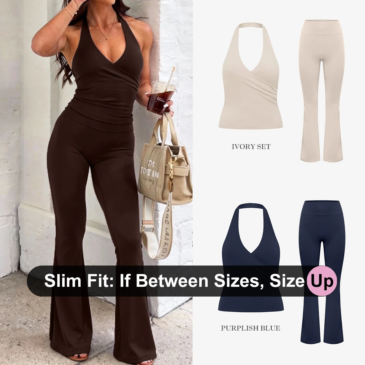 Conjunto de leggings CSB Flare: Top halter con sujetador incorporado y leggings de cintura alta, tela efecto segunda piel, chaleco de yoga, ropa de gimnasio