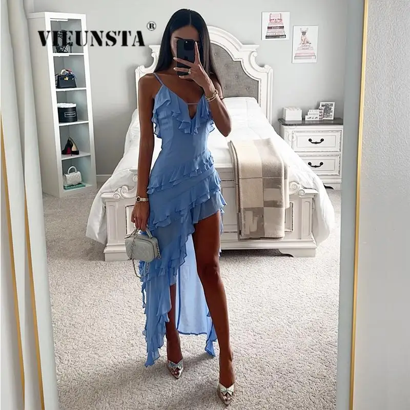 Chic Ruffles Slim Bodycon Hollow Abiti Donna 2024 Summer Holiday Beach Abito lungo Spaghetti Strap Asimmetria Abiti da festa sexy