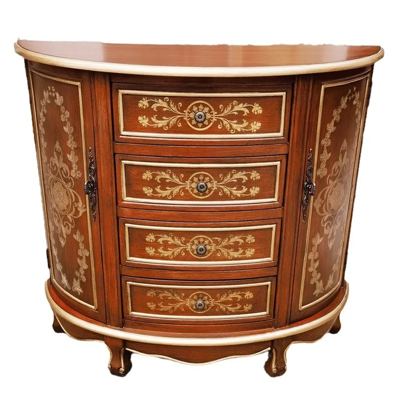 

Walnut colored chest gold semi circular entrance door luxury decoration ornament cabinet fully furnished furniture