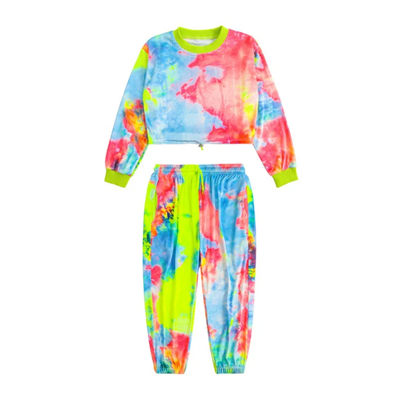 طفل Kpop الهيب هوب الملابس التعادل صبغ المحاصيل الأعلى كم طويل تي شيرت الشارع الشهير عداء ببطء عرق السراويل لفتاة الجاز ملابس رقص الملابس