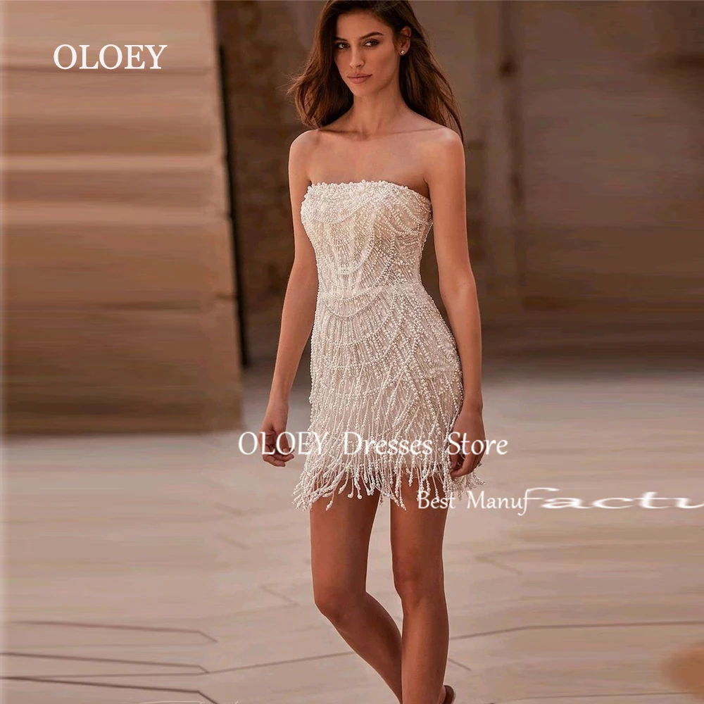 

OLOEY 2025 Luxury Beads Pearls Mini Wedding Dress Strapless Sleeveless Short Bridal Gown Zipper Back Ivory Prom Cocktail Dress