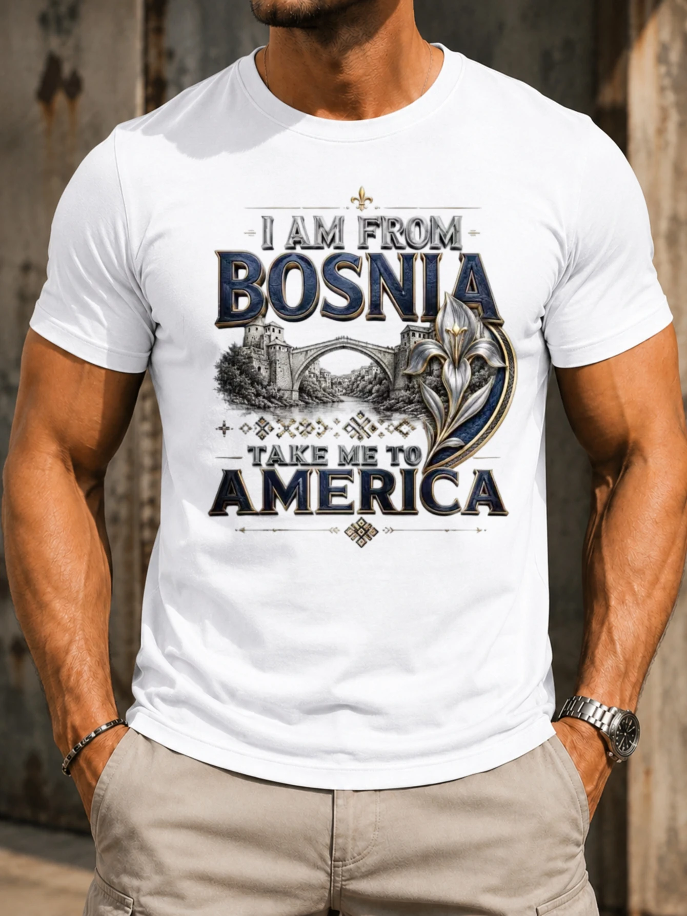 I Am From Bosnia Take Me To America  metallic bridge fleurdelis flower ornamental blue gold  Unisex All T-Shirt