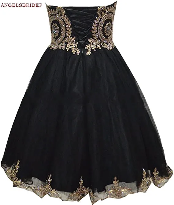 ANGELSBRIDEP-Vestidos De Baile De Tule, Applique Dourado, Curto ou Mini, Vestidos De Graduação Simples, Uma Linha, Barato, Festa