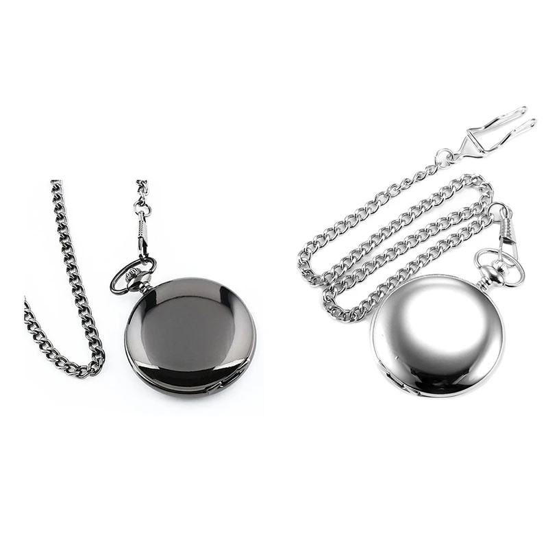 Men Pocket Watch Necklace With Gift Box -Black & Pocket Watch, Metal Strap, Silver