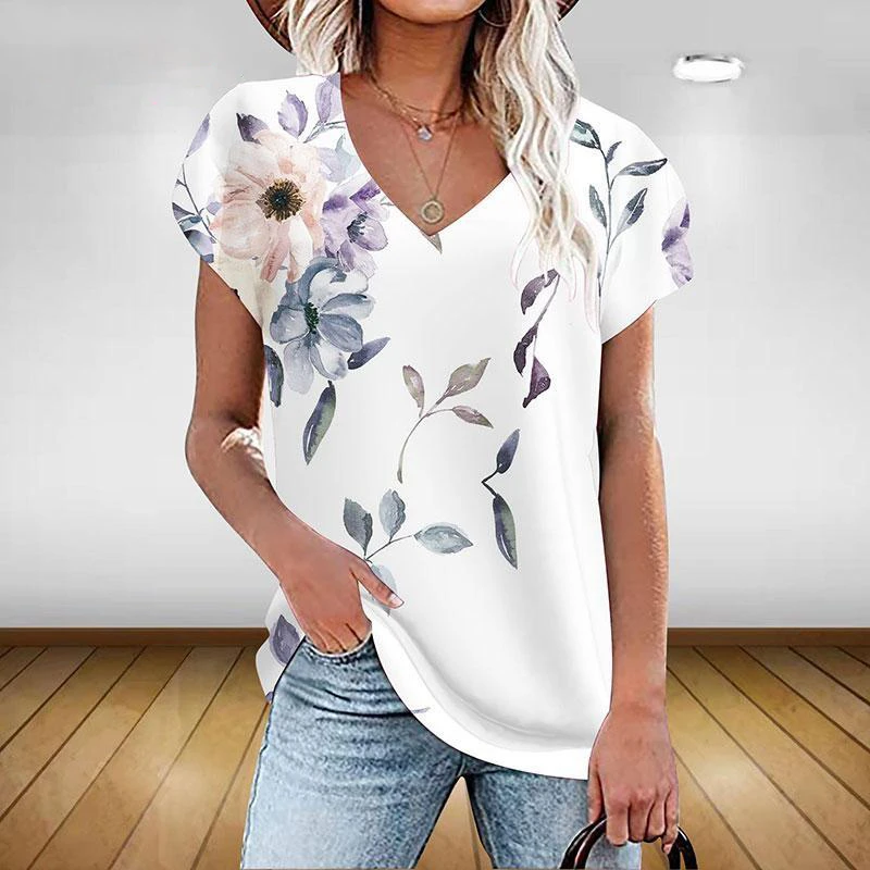 Women\'s Fashion Floral Graphics T Shirt Aesthetic Plants V Neck Summer Basic Tops 3d Print Oversized Pullover Female Clothing