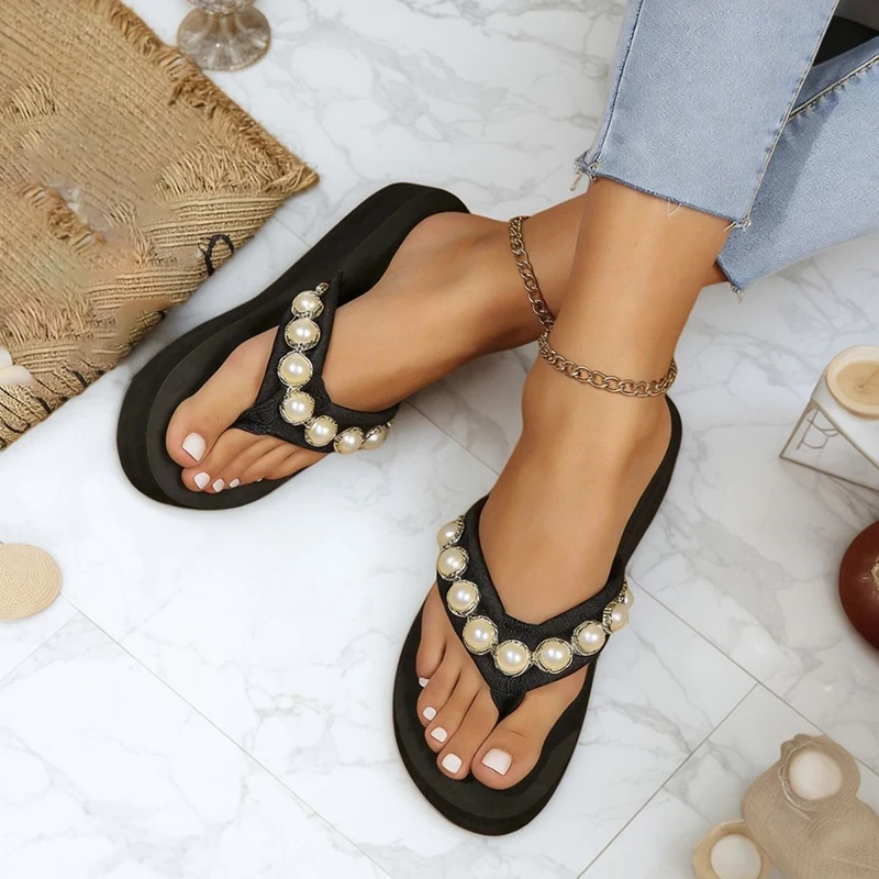 

Pearl Clip Toe Sandals Women Summer Chunky Platform Wedge Heel Beach Vacation Flip Flops Woman Outdoor Casual Eva Slipper 43