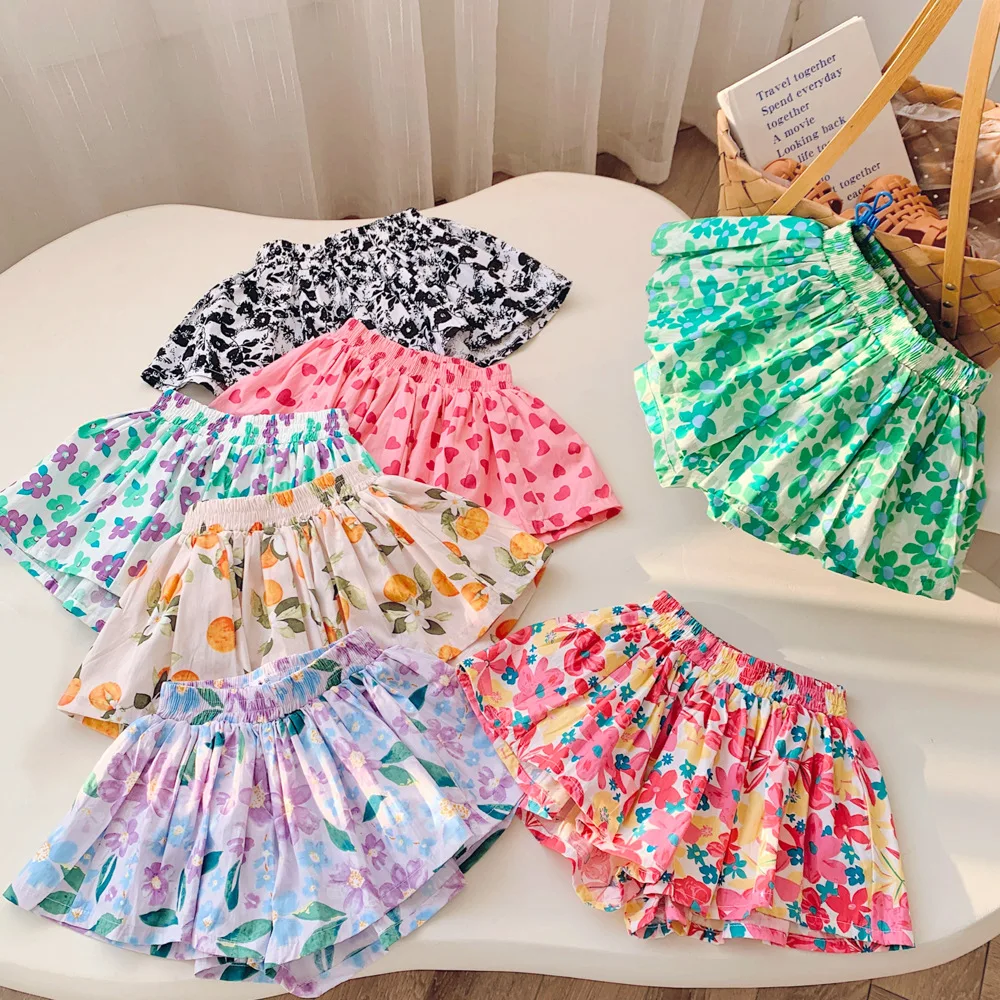 

2024 Summer Little Girl Shorts Floral Print Ruffles Elastic Waist Baby Girl Skirt Shorts Thin Muslin Stretch Toddler Girl Shorts