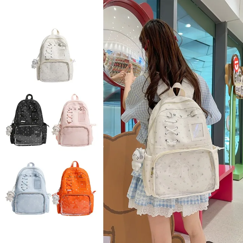 Korean Star-Printed Nylon Backpack Mori Girl Campus Students Schoolbags Clear Pockets Ita Bag Fashion Casual Travel Rucksack