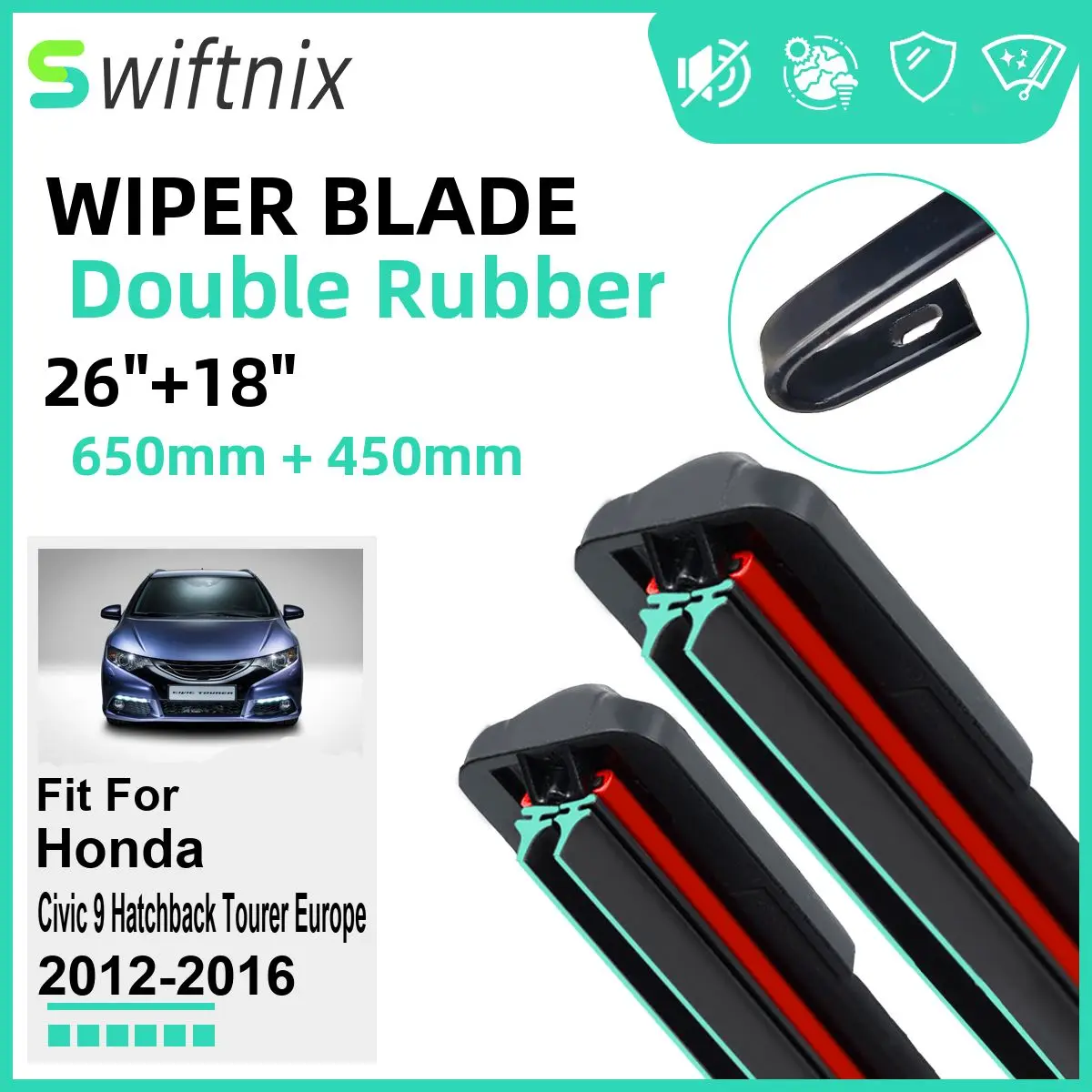 Double Rubber Car Wiper Blades for Honda Civic 9 Hatchback Tourer Europe 2012-2016 Front Rubber Car Accessories 2014 2015 2016