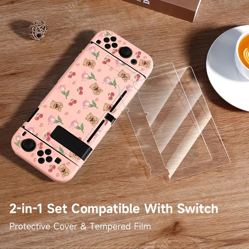 1 Pcs Love Flower Cherry Bear Case with 2 Tempered Glass Screen Protectors for Switch NS/Oled/Lite, Compatible with Switch Con