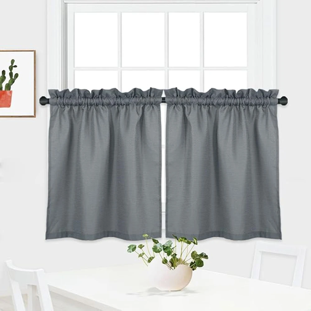 Grey Waffle Kitchen Tier Curtains Short Length Water Repellent Rod Pocket Half Window Covering Curtain for Bathroom Bedroom