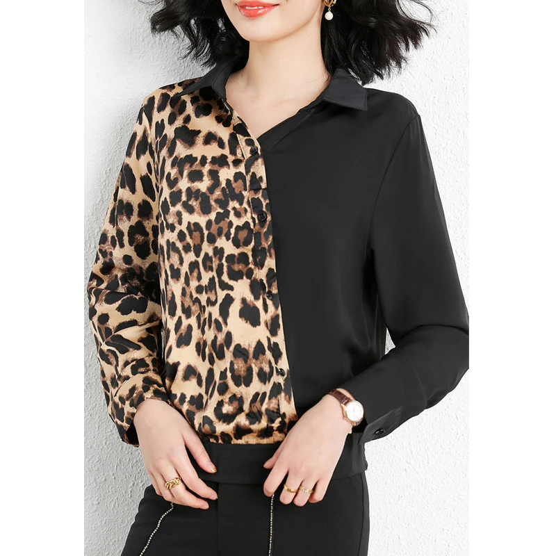 2024 Spring Autumn Women Fashion Leopard Print Patchwork Asymmetrical Shirts Vintage Elegant Chic Blouses Long Sleeve Loose Tops