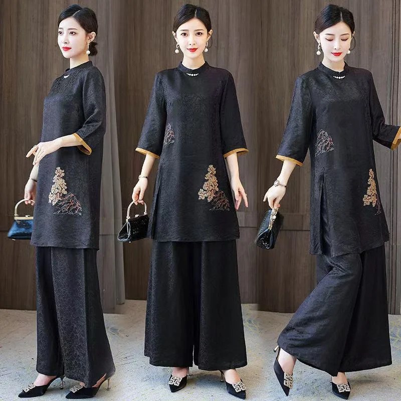 Women Large Size 6XL Embroidery 2PCS Autumn Femme Fragrant Cloud Mulberry Silk Set Lady Casual Silk Wide Leg Pants Two-piece Set