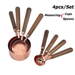 4pcs/Set Stainless Steel Measuring Cups Kitchen Dosing Spoons Set Wooden Handle Kitchen Milk Coffee Cake Baking Measuring Spoon