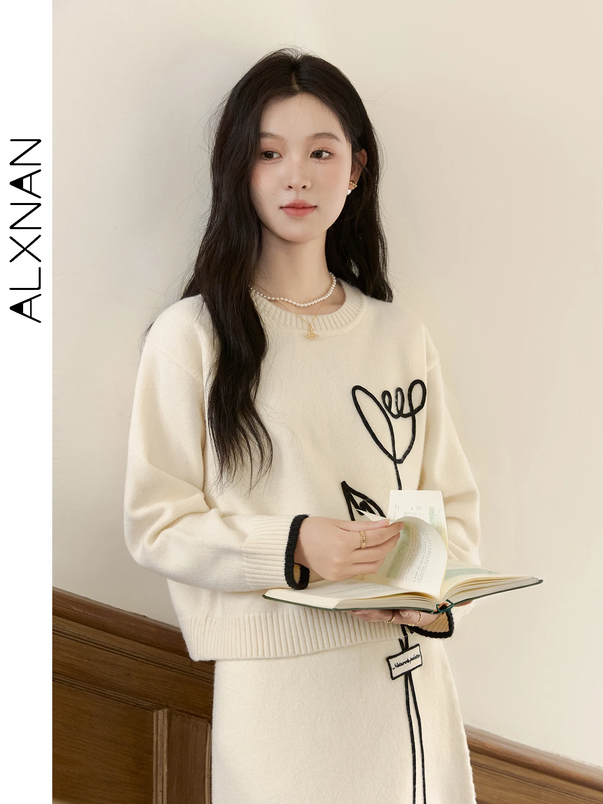 ALXNAN 여성용 살구색 스웨터 3D 튤립 자수 스웨터 크루넥 풀오버 2026 봄 캐주얼 긴팔 점퍼 L50912