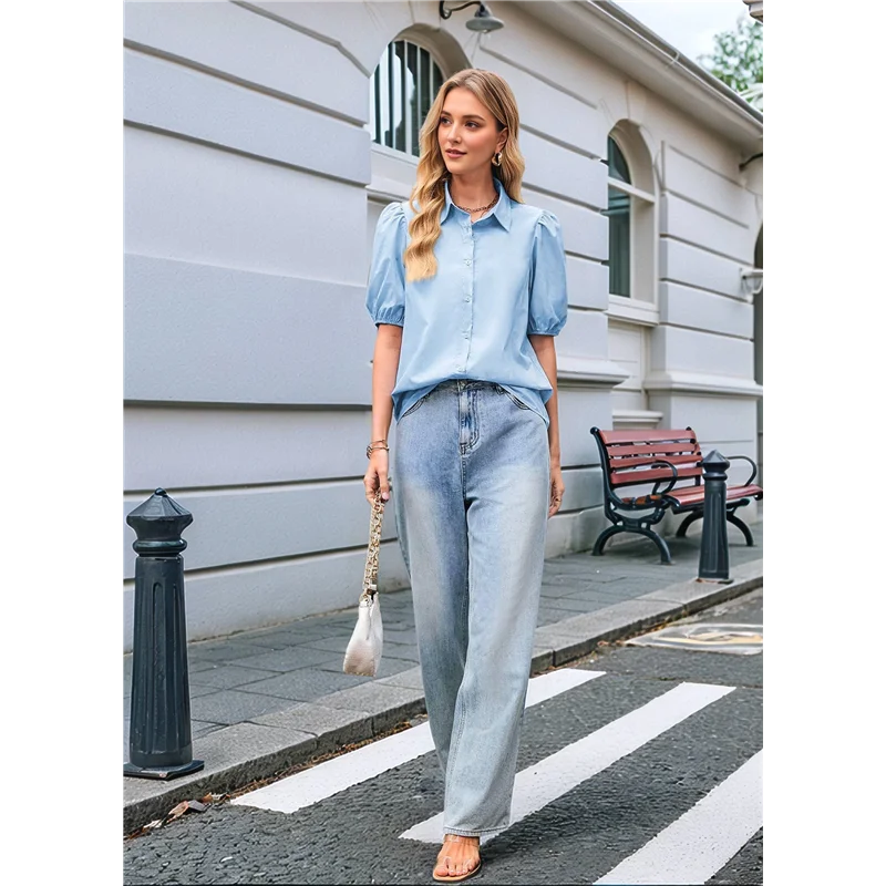 

ASDS-Women's Button Down Shirts Short Puff Sleeve Collared Dressy Casual Blouse Tops