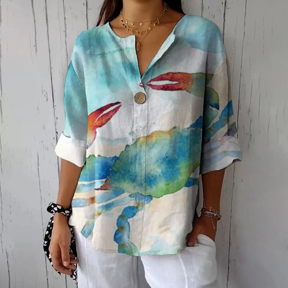 

Women'S Crab Watercolor Printing Shirt Casual Shirt Collar Design With Buttons Overshirt Y2K Style Hot Selling 2024 Summer