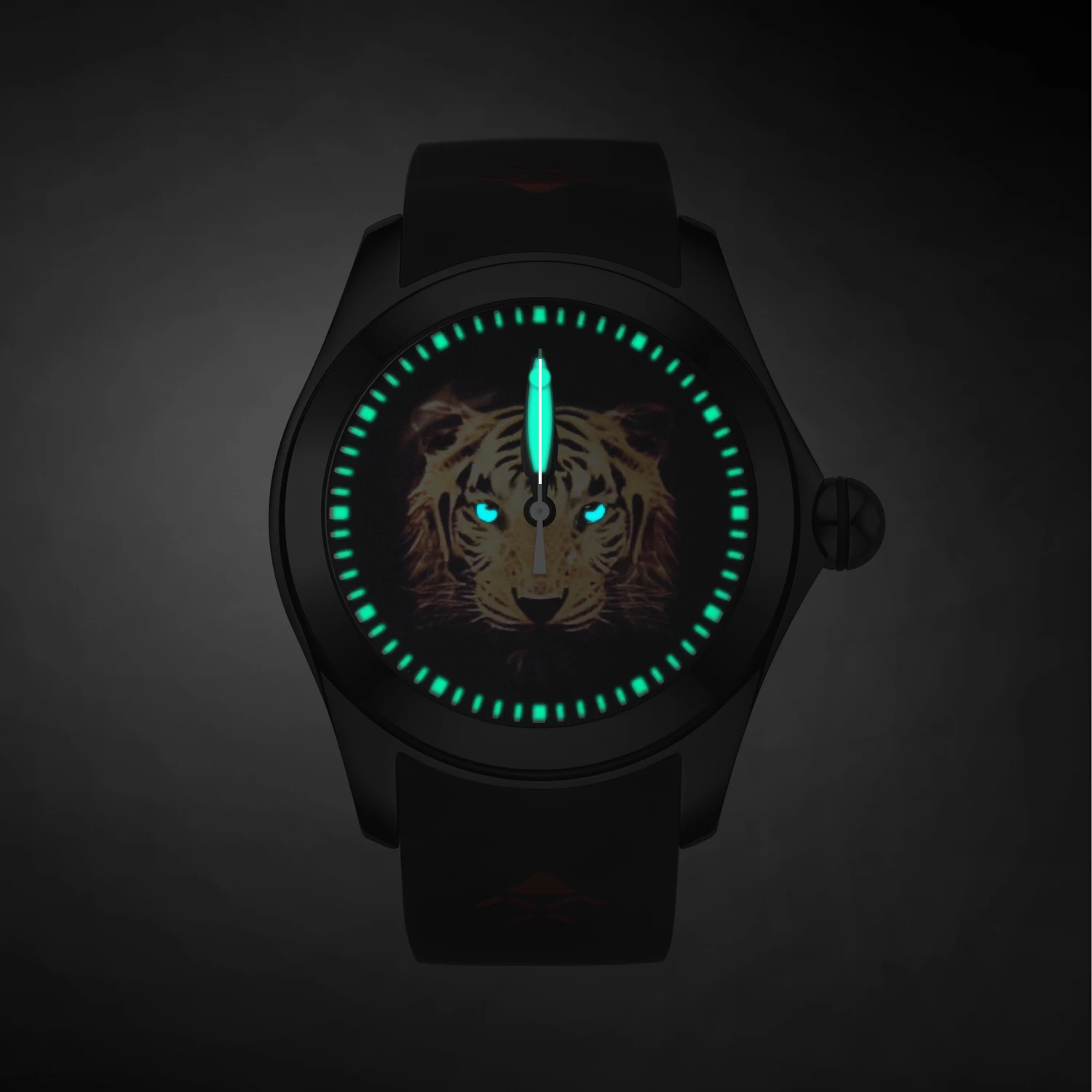 KAFYASE Unique Design Tiger Mechanical Automatic Watch For Men Ball Dial Black Steel Case Luminous Waterproof Rubber Sport Watch