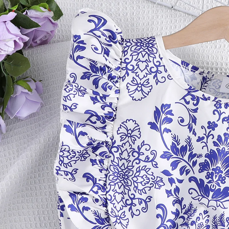 Summer Girls Designed Classic Vintage Blue Retro Printed Dress Princess Girl Dress Elegant Daily Casual Cute Floral Print Dress