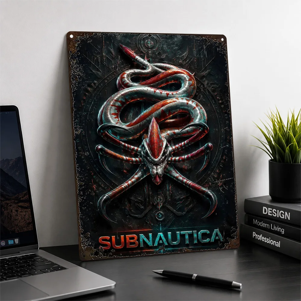 Subnautica Coiled Sea Creature Aluminum Poster Ornamental Wall Art For Bedroom Personalized Metal Sign Video Game Fan Gift Idea
