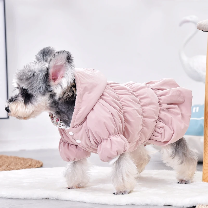 Girl Winter French Bulldog Terrier Dog Fancy Dress Pink Blue Cream Hoodie Jacket With Fur Warm Pet Suit Apparel Skirt Cats Goods