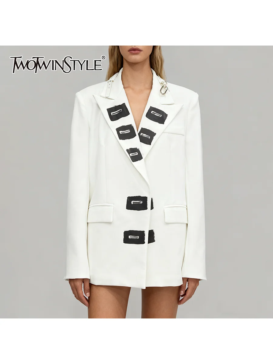 

TWOTWINSTYLE Hit Color Loose Spliced Belt Fashion Blazers for Women Lapel Long Sleeves Patchwork Single Breasted Blazer Female