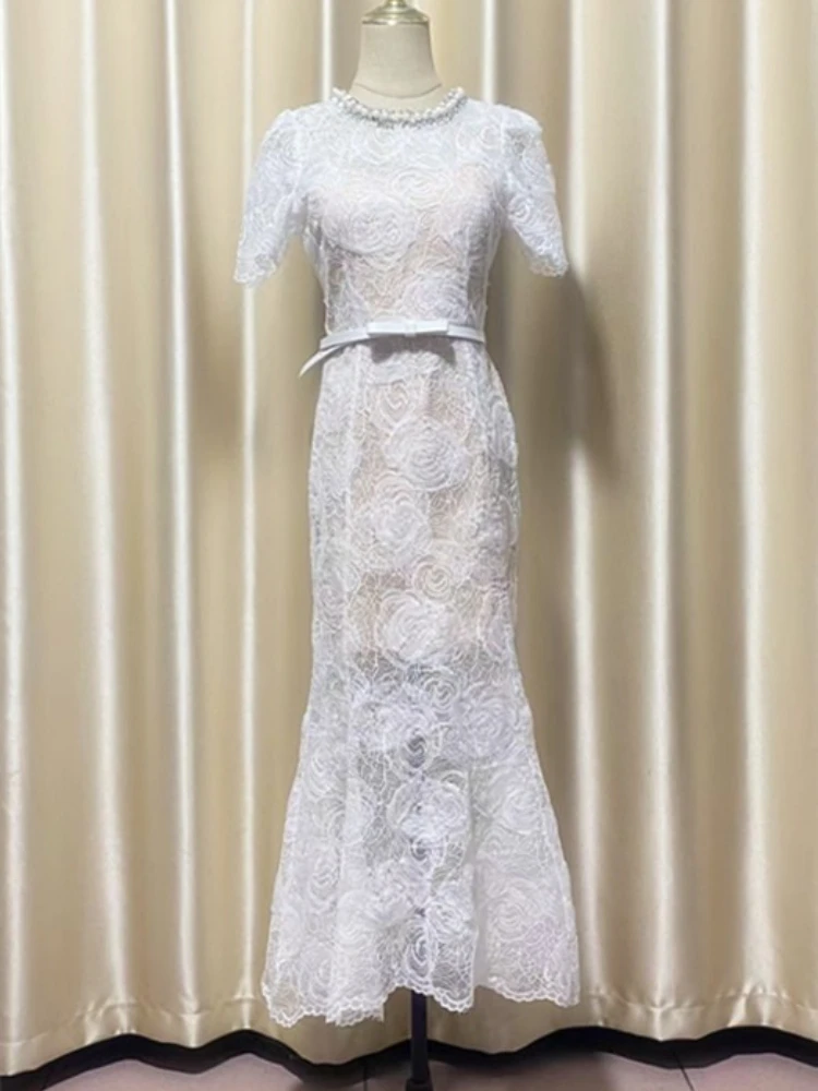 Vestidos largos formales de cristal con cuello de cadena de perlas de lujo para mujer, Vestidos de encaje de verano con cola de pez, Vestidos de sirena bordados para fiesta